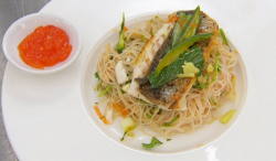 Amar Latif sea bass with noodles teriyaki sauce and sweet chili sauce on Celebrity Masterchef 2020