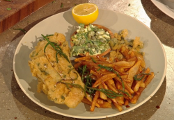 Galton Blackiston’s chilli coriander sea bass with fine chips and sauce gribiche on Saturd ...