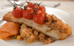 Judy’s sea bass with sweet potatoes,  chickpeas, tomatoes and shrimp sauce on Celebrity Ma ...