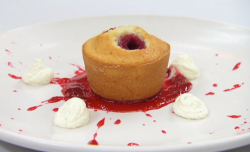 Riyadh’s almond and raspberry friands with raspberry coulis and amaretto whipped cream on  ...