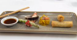 Sam Quek’s trio of oriental starters with sui mai, chicken spring rolls and vegetables on Celebr ...