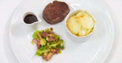 Gethin Jones  steak with dauphinoise potatoes, bacon, sprouts and a red wine jus on Celebrity Ma ...