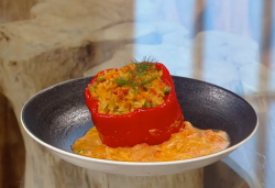 Olia Hercules Ukrainian peppers stuffed with brown rice, vegetables and apples in a  tomato and  ...