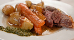 Matthew Pinsent’s lamb stuffed with herbs and garlic served with carrots, potatoes, salsa  ...