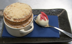 Jeff Brazier rhubarb crumble souffle with ginger ice cream using a recipe by Ruth Hansom on Cele ...