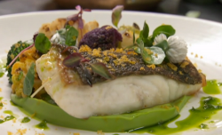 Amar Latif turbot with cauliflower and broccoli made using Lello Favuzzi recipe on Celebrity Mas ...