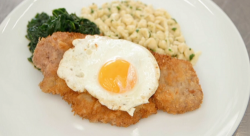 John Torode’s veal schnitzel with herb buttered Austrian spaetzle pasta, spinach and fried ...