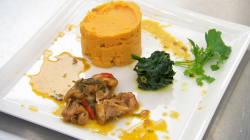 Judi Love’s West Indian  chicken  with sweet potato mash and steam spinach on Celebrity Ma ...