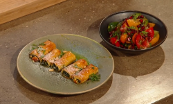 Hus Vedat’s spinach, feta and pine nut borek filo rolls with tomato and  pomegranate molas ...