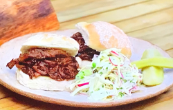 Tom Kerridge’s slow cooked pulled beef brisket buns with a onion coleslaw on Tom Kerridge Barbecues