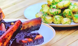 Tom Kerridge’s Sticky BBQ short ribs in a salt cure mix  and beer BBQ sauce served with herby ne ...