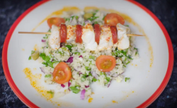 Dale Pinnock’s Cod and Chorizo Skewers with Tabbouleh Salad and Bulgar wheat on Eat, Shop, ...