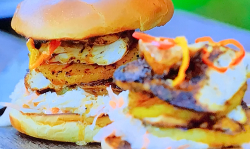 Jamie’s BBQ Chicken burger with jerk seasoning, scotch bonnet peppers, pineapple  and slaw ...