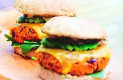 Tom Kerridge’s smoky and spicy sweet potato and black bean burgers with jalapeno cheese and hot  ...