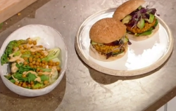 Anna Jones smoky roast carrot burgers with chickpea and tahini Caesar salad on Saturday kitchen