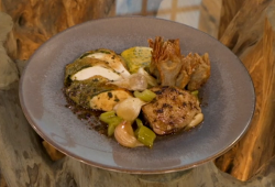 Matt Tebbutt herb Roasted chicken crown with artichoke chips and Bearnaise sauce on Saturday Kitchen