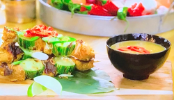 Gok Wan chicken and cucumber satay skewers,  marinaded in peanut butter and served with a satay  ...