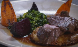 Nick Nairn and Dougie Vipond’s roast loin of roe deer with potato rosti and root vegetables on T ...