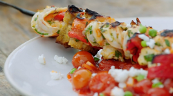 Jamie’s prawn kebabs with bread, peas, sweet roasted peppers and a sweet tomato sauce on J ...