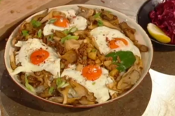 Ching’s cantonese minchi with pork and potato hash with oyster mushrooms on Saturday kitchen