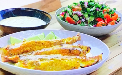 Tom Kerridge’s curried BBQ monkfish with cucumber salad and fresh yoghurt dressing on Tom Kerrid ...