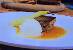 James Martin spiced oatmeal and treacle cake with poached pears, vanilla ice cream, black treacl ...