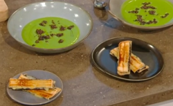 Jason Atherton parsley and potato soup with black pudding and cheese toasties on Saturday Kitchen