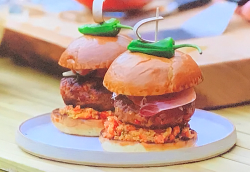 Tom Kerridge’s Spanish style chorizo burgers with pork mince, pickled onions, manchego cheese an ...