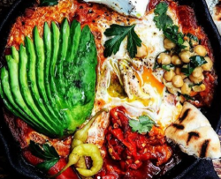 Josh Katz Shakshuka with Feta, Avocado and Chickpeas on Sunday Brunch