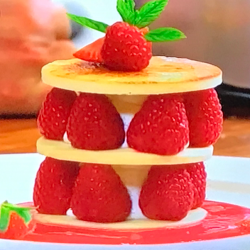 James Martin mixed fruit shortbread with whipped cream and a strawberry and raspberry sauce made ...