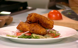 Atul Kochhar’s spicy fried cod with a  cucumber, tomato and onion salad on Saturday Kitchen