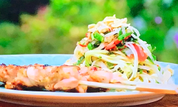 Tom Kerridge’s BBQ char-grilled Thai style chicken skewers with a green papaya salad on To ...