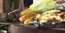 James Martin loaded potato skins with cheese, bacon, tomahawk steak, sweet corn and BBQ sauce on ...