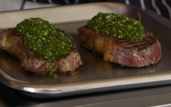 Nick Nairn and Dougie Vipond’s steak with chimichurri sauce on The Great Food Guys