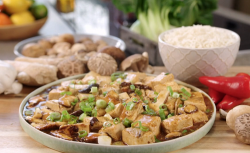 Ching’s saucy vegan  tofu with ginger, mushroom sauce and rice on  John and Lisa’s W ...