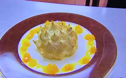 William’s baked Alaska with walnut sponge, banana semifreddo, Italian meringue and apricot jam o ...