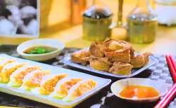 Gok Wan crispy fried Chinese wontons and Japanese  gyoza dumplings with prawns and sesame oil on ...