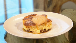 Matt Tebbutt bread and butter pudding with apricot jam and caramel cream on Saturday Kitchen