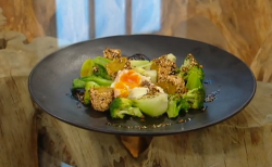 Matt Tebbutt spiced potato croquettes with poached eggs and green vegetables and curry oil on Sa ...