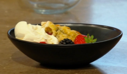 Shivi Ramoutar Baked berry slump with condensed milk no churn ice cream on Saturday Kitchen