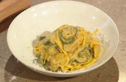 Theo Randall tagliatelle pasta with courgettes, eggs, courgette flowers and sweet onions on Satu ...