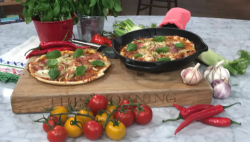 Donal Skehan pizza in a pan with natural yoghurt on This Morning