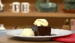 James Martin sticky toffee pudding with dates, black treacle, golden syrup, clotted cream and ic ...