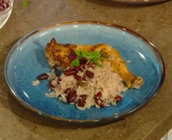 Shivi Ramoutar green marinated chicken with pepper sauce and  coconut rice and peas on Saturday  ...