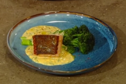 Freddy Bird salmon with sauce messine and sprouting broccoli on Saturday Kitchen