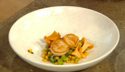 Matt Tebbutt’s scallops with miso, seaweed butter, sweetcorn, girolles mushrooms malt vine ...