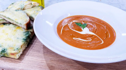 James Martin immune boosting red pepper and tomato soup with waffles and garlic bread on This Mo ...