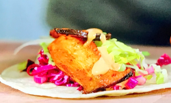 Bosh’s Mexican street food Mushroom tacos with red cabbage slaw pickle and chipotle mayo o ...