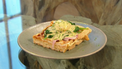 Donal Skehan Cheese and ham waffles with hollandaise sauce and poached eggs on Saturday Kitchen