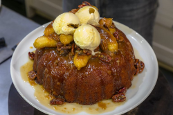 James Martin banana cake with a banana and toffee sauce served with ice cream and maple syrup on ...